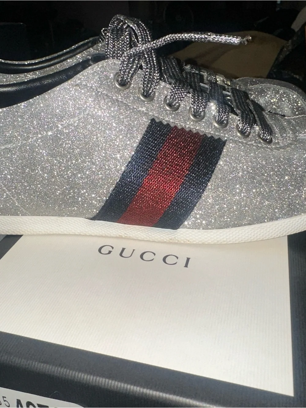 Gucci Silver Glitter Sneakers with Black Ribbon Detail